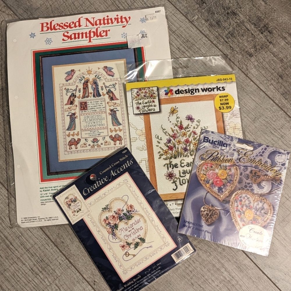 Bundle Cross Stitch & Ribbon Embroidery Dimensions Blessed Nativity Sampler etc.